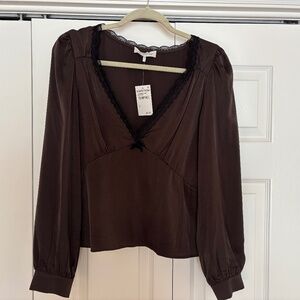 Wayf Longsleeve Brown Satin & Lace Blouse